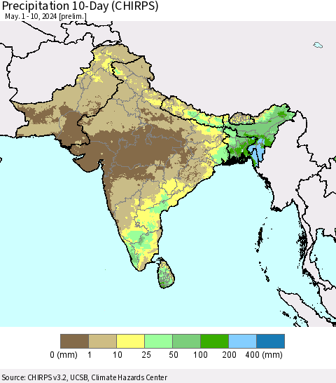 Southern Asia Precipitation 10-Day (CHIRPS) Thematic Map For 5/1/2024 - 5/10/2024