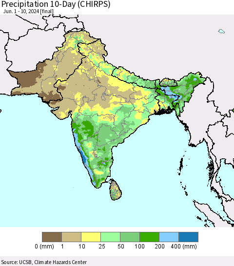 Southern Asia Precipitation 10-Day (CHIRPS) Thematic Map For 6/1/2024 - 6/10/2024