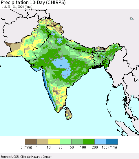 Southern Asia Precipitation 10-Day (CHIRPS) Thematic Map For 7/21/2024 - 7/31/2024