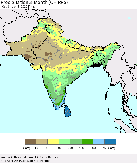 Southern Asia Precipitation 3-Month (CHIRPS) Thematic Map For 10/6/2019 - 1/5/2020