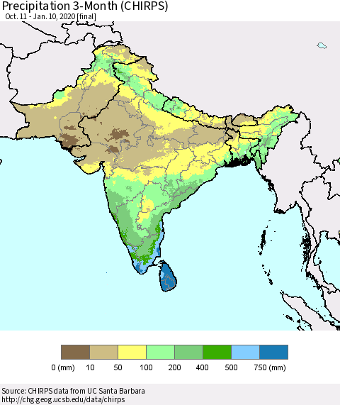 Southern Asia Precipitation 3-Month (CHIRPS) Thematic Map For 10/11/2019 - 1/10/2020
