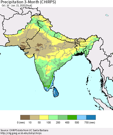Southern Asia Precipitation 3-Month (CHIRPS) Thematic Map For 10/16/2019 - 1/15/2020
