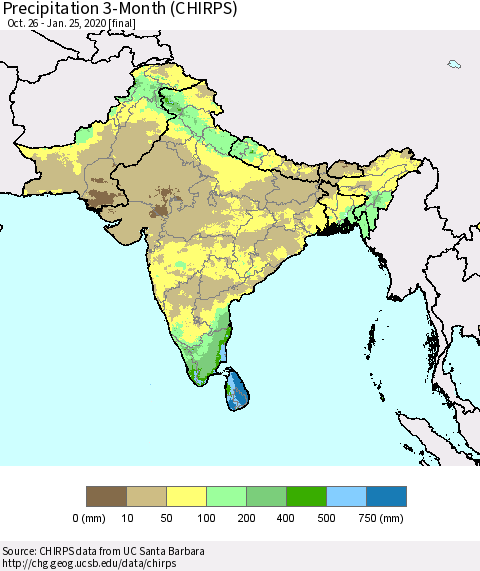 Southern Asia Precipitation 3-Month (CHIRPS) Thematic Map For 10/26/2019 - 1/25/2020