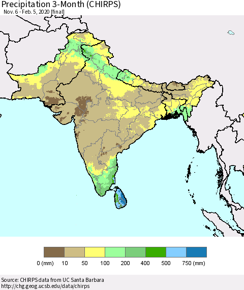 Southern Asia Precipitation 3-Month (CHIRPS) Thematic Map For 11/6/2019 - 2/5/2020