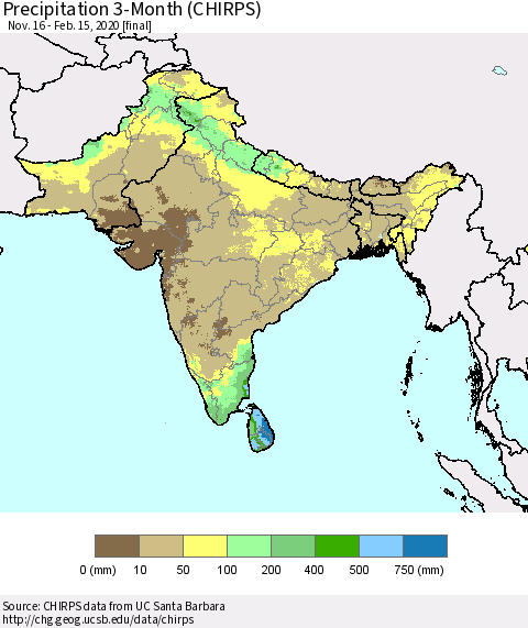 Southern Asia Precipitation 3-Month (CHIRPS) Thematic Map For 11/16/2019 - 2/15/2020
