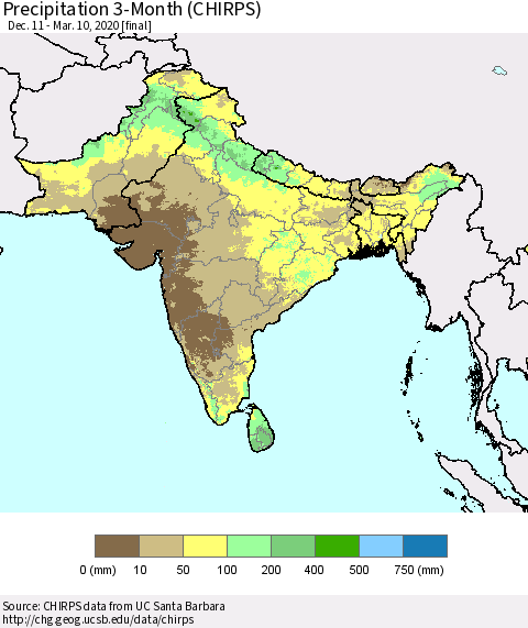 Southern Asia Precipitation 3-Month (CHIRPS) Thematic Map For 12/11/2019 - 3/10/2020