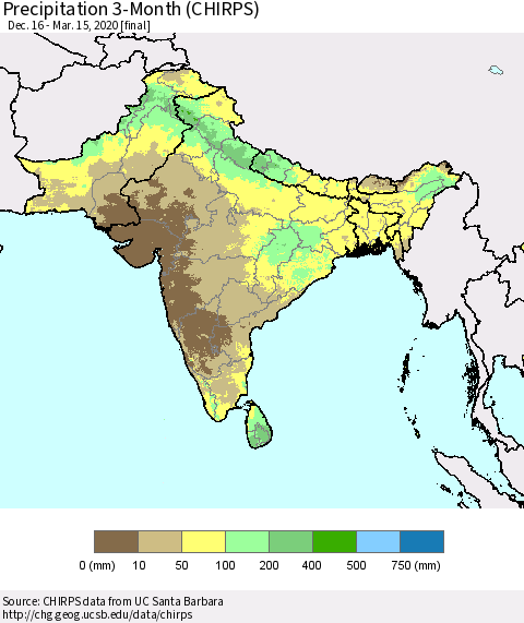 Southern Asia Precipitation 3-Month (CHIRPS) Thematic Map For 12/16/2019 - 3/15/2020