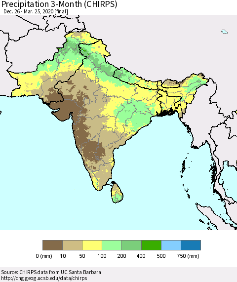 Southern Asia Precipitation 3-Month (CHIRPS) Thematic Map For 12/26/2019 - 3/25/2020