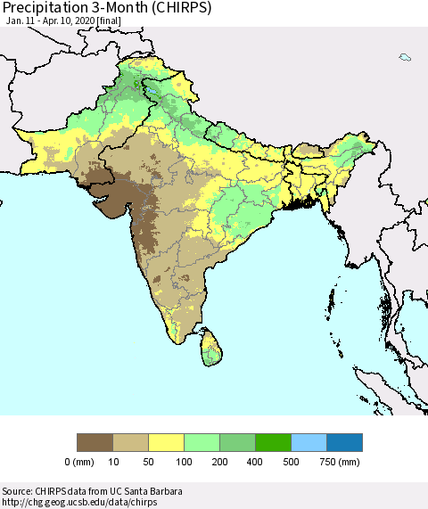 Southern Asia Precipitation 3-Month (CHIRPS) Thematic Map For 1/11/2020 - 4/10/2020