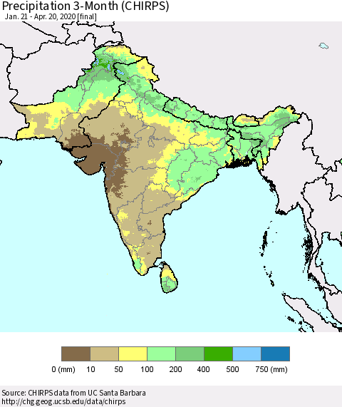 Southern Asia Precipitation 3-Month (CHIRPS) Thematic Map For 1/21/2020 - 4/20/2020