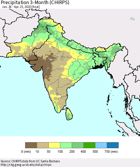 Southern Asia Precipitation 3-Month (CHIRPS) Thematic Map For 1/26/2020 - 4/25/2020