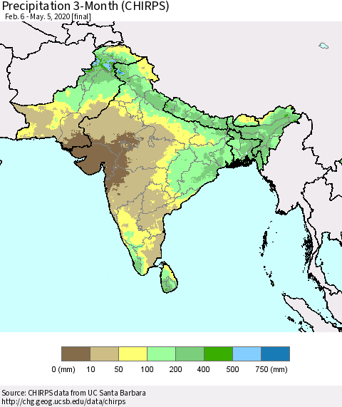 Southern Asia Precipitation 3-Month (CHIRPS) Thematic Map For 2/6/2020 - 5/5/2020