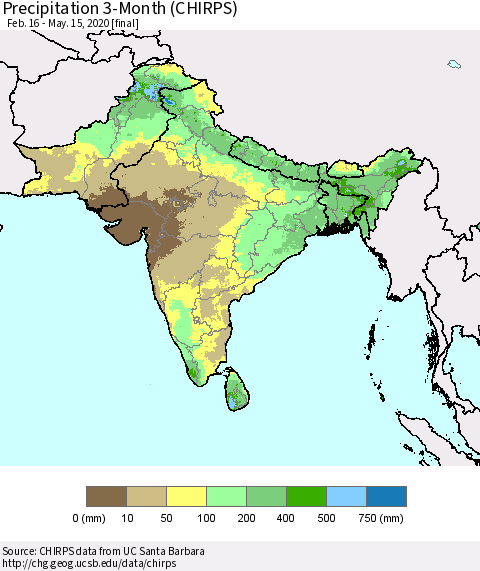 Southern Asia Precipitation 3-Month (CHIRPS) Thematic Map For 2/16/2020 - 5/15/2020