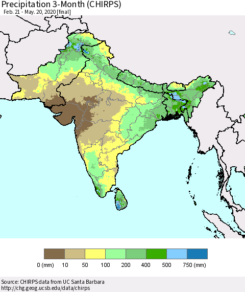 Southern Asia Precipitation 3-Month (CHIRPS) Thematic Map For 2/21/2020 - 5/20/2020