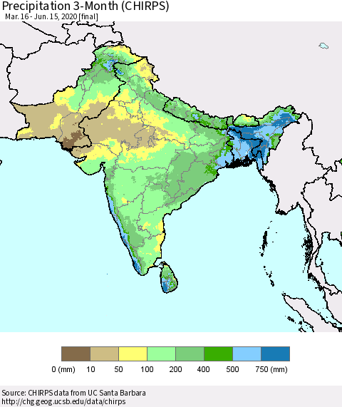 Southern Asia Precipitation 3-Month (CHIRPS) Thematic Map For 3/16/2020 - 6/15/2020
