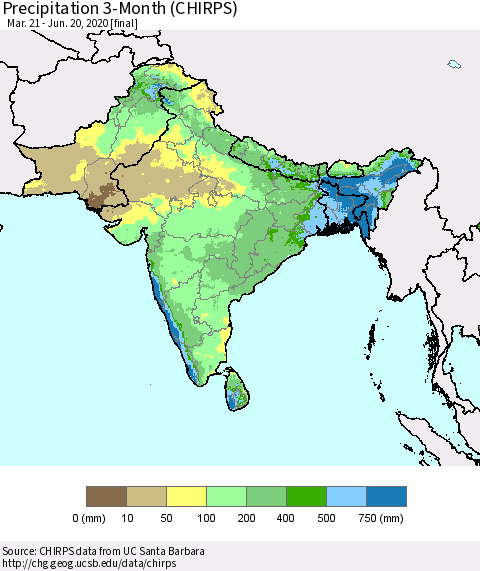 Southern Asia Precipitation 3-Month (CHIRPS) Thematic Map For 3/21/2020 - 6/20/2020
