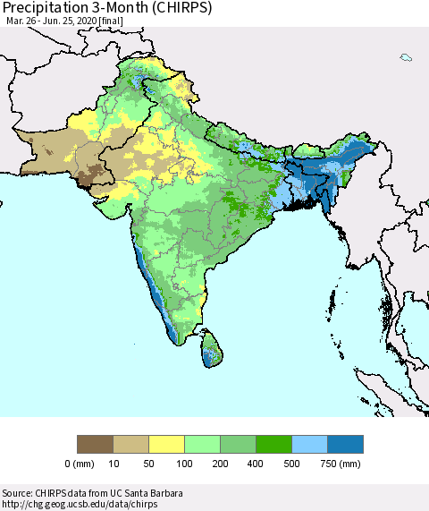 Southern Asia Precipitation 3-Month (CHIRPS) Thematic Map For 3/26/2020 - 6/25/2020