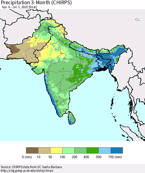 Southern Asia Precipitation 3-Month (CHIRPS) Thematic Map For 4/6/2020 - 7/5/2020