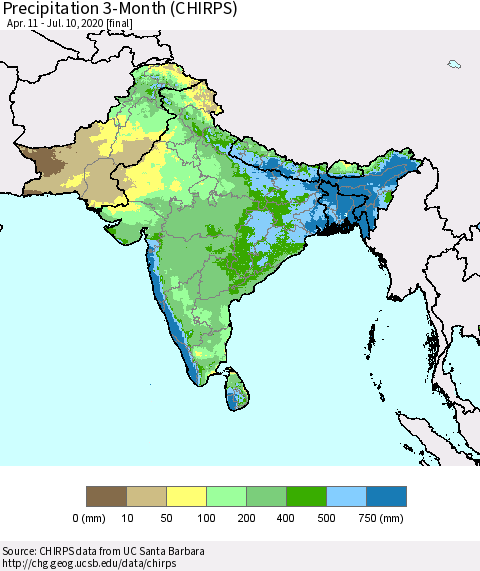 Southern Asia Precipitation 3-Month (CHIRPS) Thematic Map For 4/11/2020 - 7/10/2020