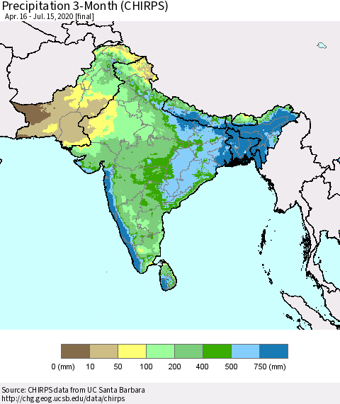 Southern Asia Precipitation 3-Month (CHIRPS) Thematic Map For 4/16/2020 - 7/15/2020