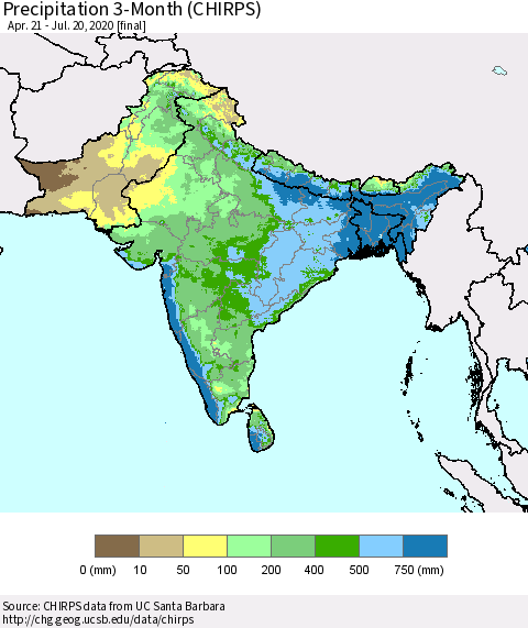 Southern Asia Precipitation 3-Month (CHIRPS) Thematic Map For 4/21/2020 - 7/20/2020
