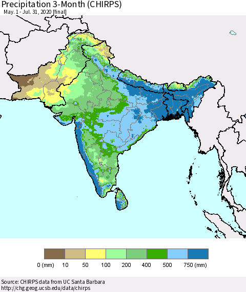 Southern Asia Precipitation 3-Month (CHIRPS) Thematic Map For 5/1/2020 - 7/31/2020