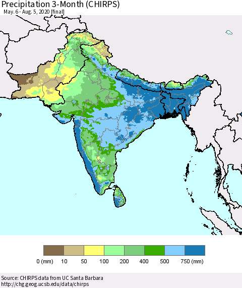 Southern Asia Precipitation 3-Month (CHIRPS) Thematic Map For 5/6/2020 - 8/5/2020