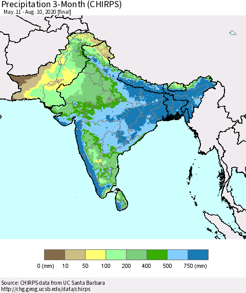Southern Asia Precipitation 3-Month (CHIRPS) Thematic Map For 5/11/2020 - 8/10/2020
