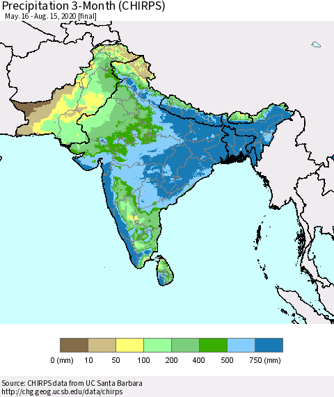 Southern Asia Precipitation 3-Month (CHIRPS) Thematic Map For 5/16/2020 - 8/15/2020