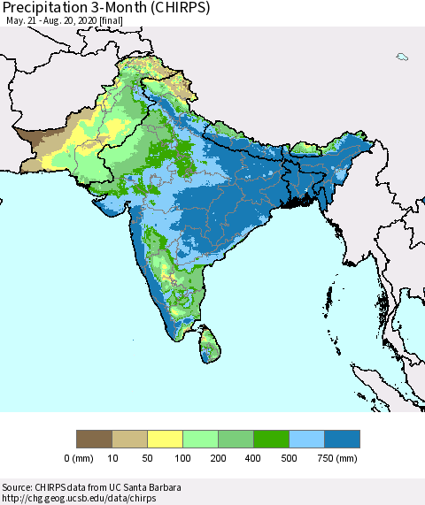 Southern Asia Precipitation 3-Month (CHIRPS) Thematic Map For 5/21/2020 - 8/20/2020