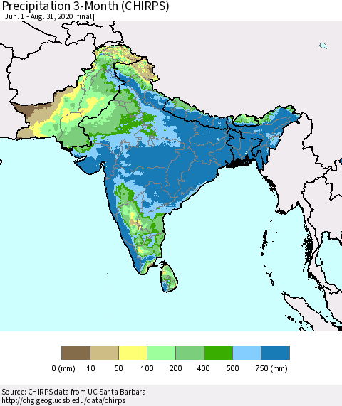 Southern Asia Precipitation 3-Month (CHIRPS) Thematic Map For 6/1/2020 - 8/31/2020