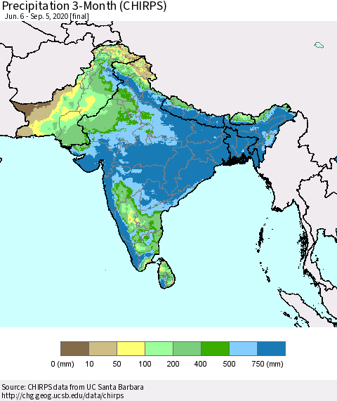 Southern Asia Precipitation 3-Month (CHIRPS) Thematic Map For 6/6/2020 - 9/5/2020