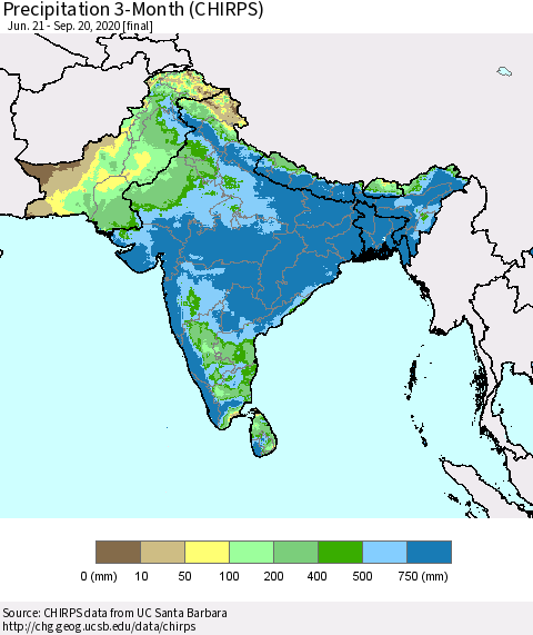 Southern Asia Precipitation 3-Month (CHIRPS) Thematic Map For 6/21/2020 - 9/20/2020