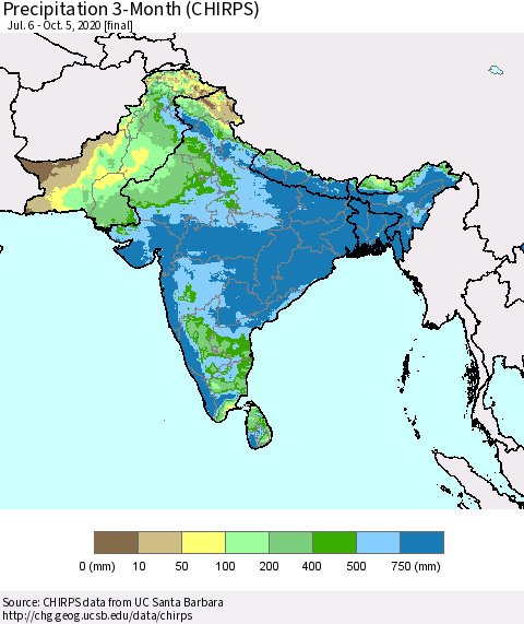 Southern Asia Precipitation 3-Month (CHIRPS) Thematic Map For 7/6/2020 - 10/5/2020
