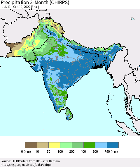 Southern Asia Precipitation 3-Month (CHIRPS) Thematic Map For 7/11/2020 - 10/10/2020