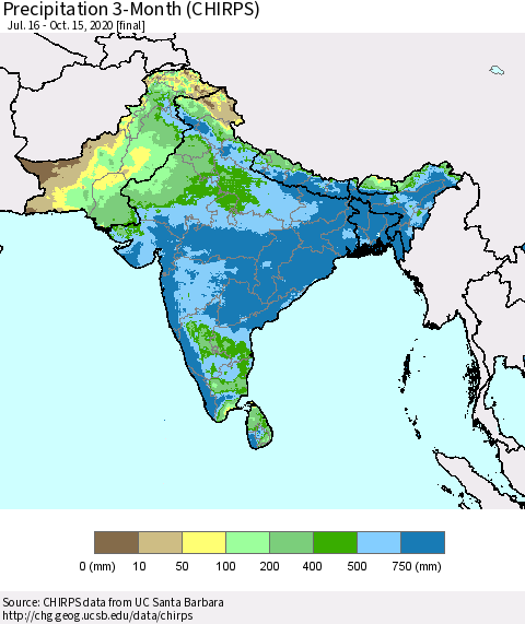 Southern Asia Precipitation 3-Month (CHIRPS) Thematic Map For 7/16/2020 - 10/15/2020