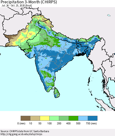 Southern Asia Precipitation 3-Month (CHIRPS) Thematic Map For 7/26/2020 - 10/25/2020