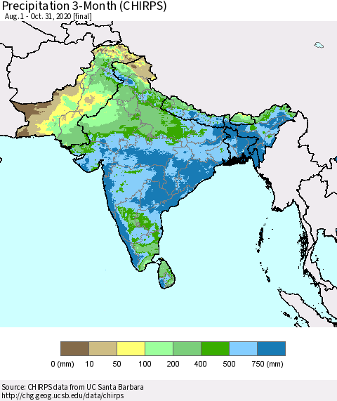 Southern Asia Precipitation 3-Month (CHIRPS) Thematic Map For 8/1/2020 - 10/31/2020