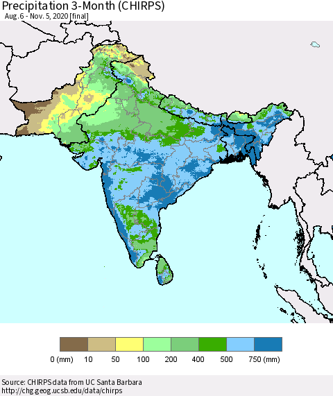 Southern Asia Precipitation 3-Month (CHIRPS) Thematic Map For 8/6/2020 - 11/5/2020