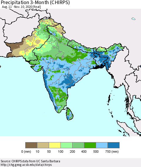 Southern Asia Precipitation 3-Month (CHIRPS) Thematic Map For 8/11/2020 - 11/10/2020