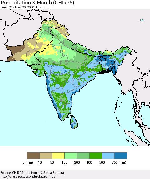 Southern Asia Precipitation 3-Month (CHIRPS) Thematic Map For 8/21/2020 - 11/20/2020