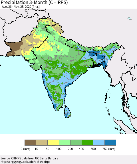 Southern Asia Precipitation 3-Month (CHIRPS) Thematic Map For 8/26/2020 - 11/25/2020