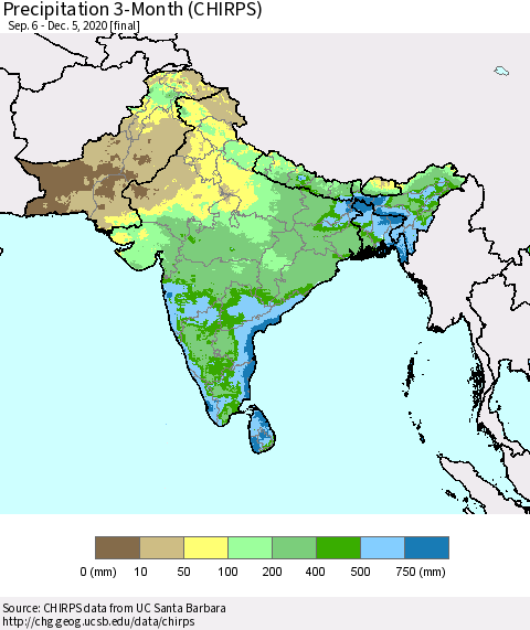 Southern Asia Precipitation 3-Month (CHIRPS) Thematic Map For 9/6/2020 - 12/5/2020