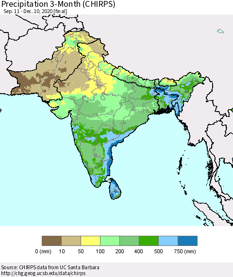 Southern Asia Precipitation 3-Month (CHIRPS) Thematic Map For 9/11/2020 - 12/10/2020