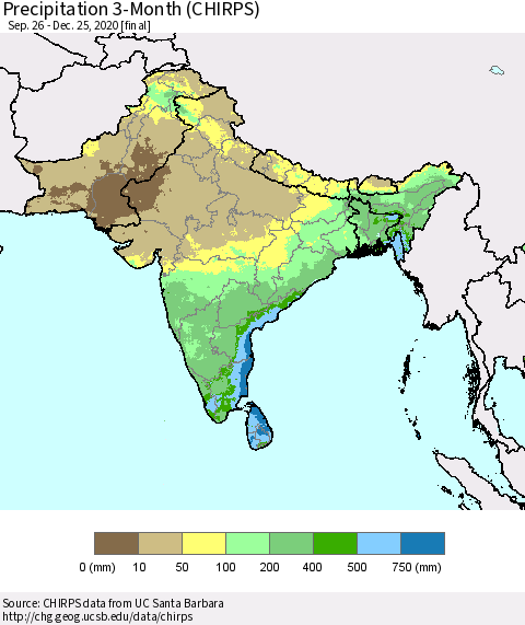 Southern Asia Precipitation 3-Month (CHIRPS) Thematic Map For 9/26/2020 - 12/25/2020