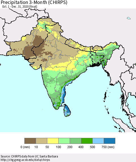 Southern Asia Precipitation 3-Month (CHIRPS) Thematic Map For 10/1/2020 - 12/31/2020