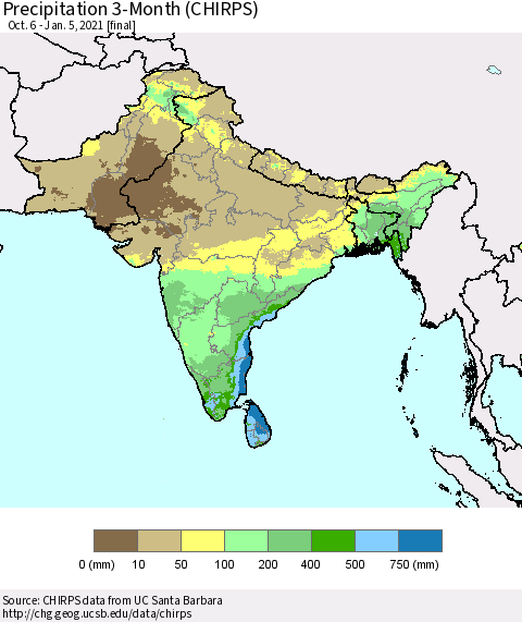 Southern Asia Precipitation 3-Month (CHIRPS) Thematic Map For 10/6/2020 - 1/5/2021