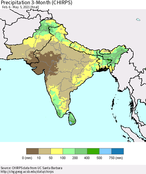 Southern Asia Precipitation 3-Month (CHIRPS) Thematic Map For 2/6/2021 - 5/5/2021