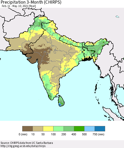 Southern Asia Precipitation 3-Month (CHIRPS) Thematic Map For 2/11/2021 - 5/10/2021