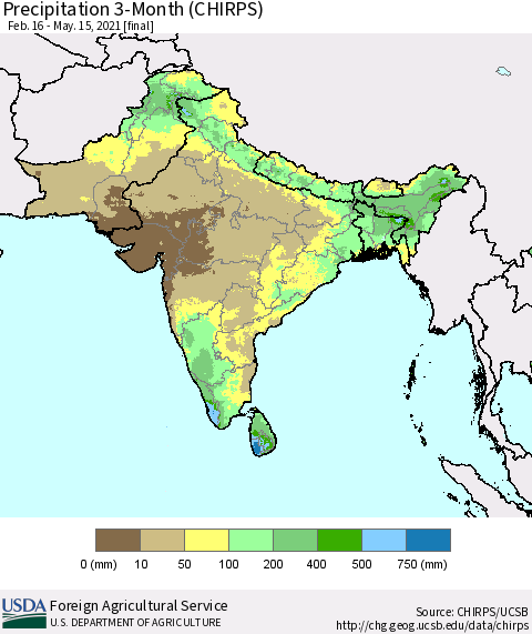 Southern Asia Precipitation 3-Month (CHIRPS) Thematic Map For 2/16/2021 - 5/15/2021